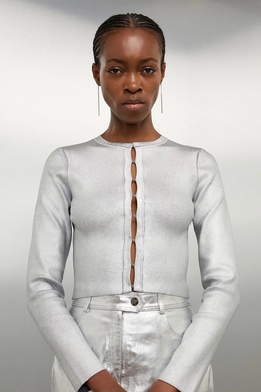Premium Viscose Blend Body Contouring Foiled Knit Cardigan