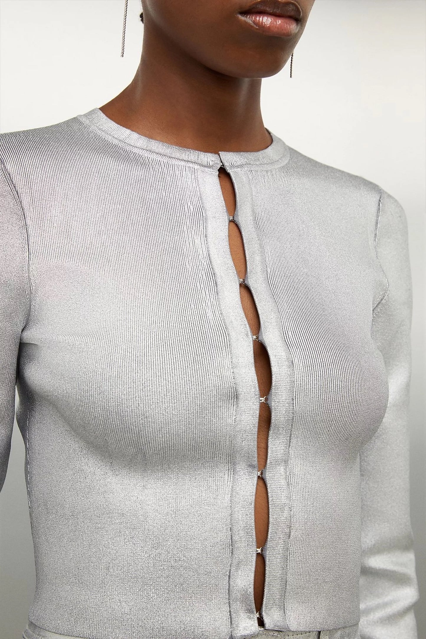 Premium Viscose Blend Body Contouring Foiled Knit Cardigan