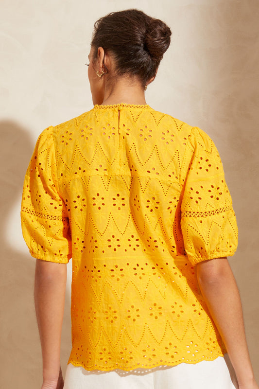 Love & Roses Broderie Round Neck Lace Trim Puff Sleeve Top