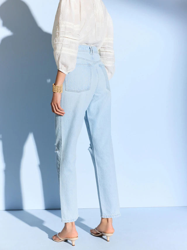 Bleach Rip 100% Cotton Column Mom Jeans