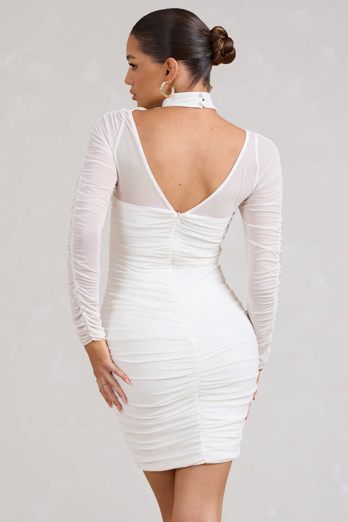 Ruched Mesh Long-Sleeved Mini Dress
