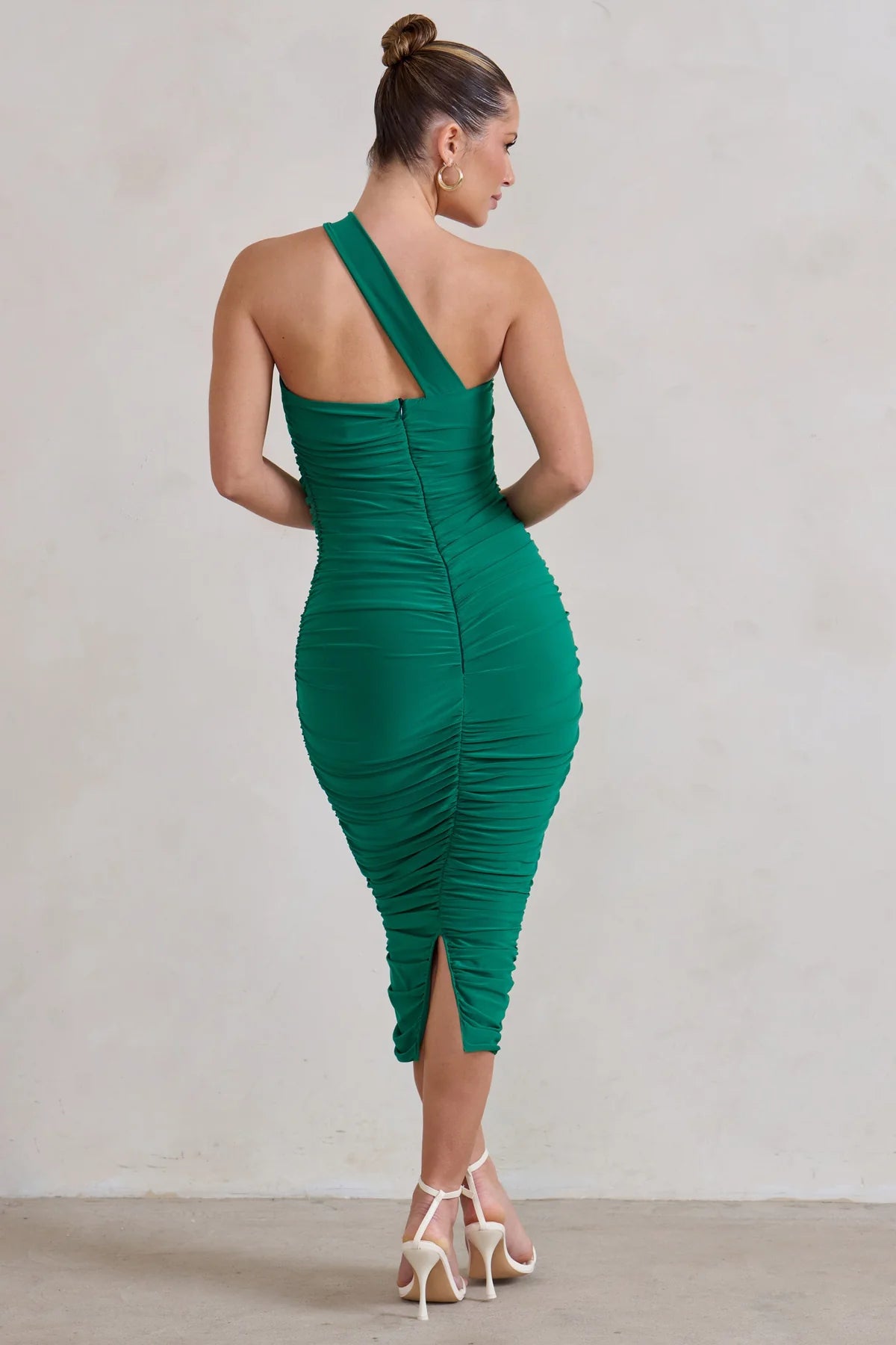 Ruched Asymmetric Neckline Midi Dress