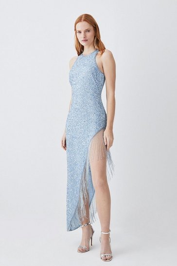 Asymmetric Hem Fringe Halter Midi Dress
