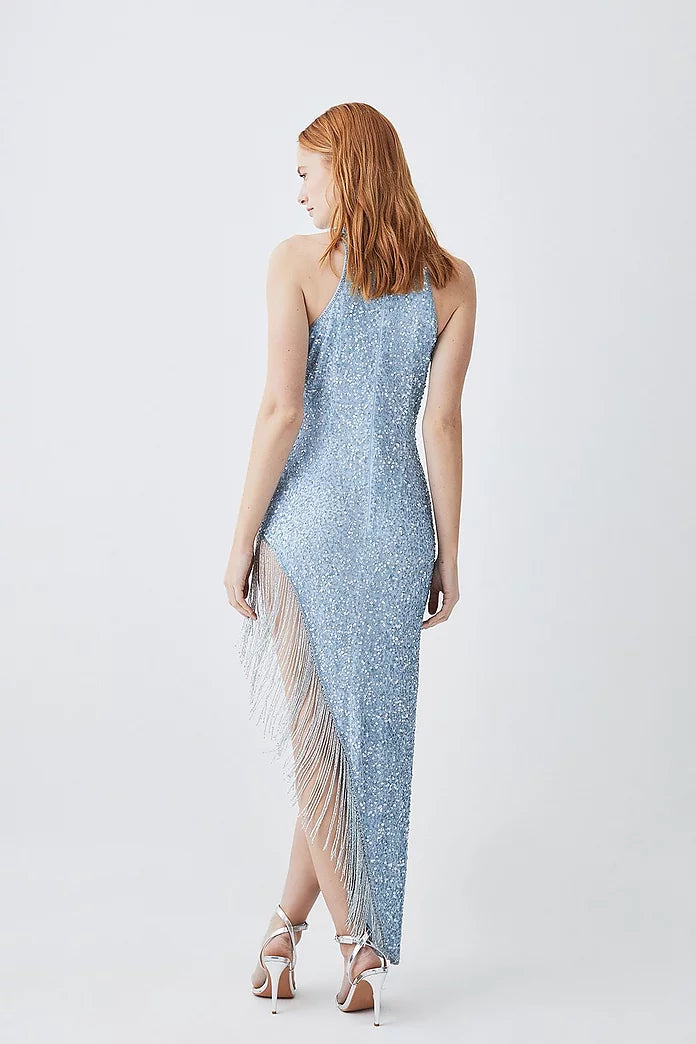 Asymmetric Hem Fringe Halter Midi Dress