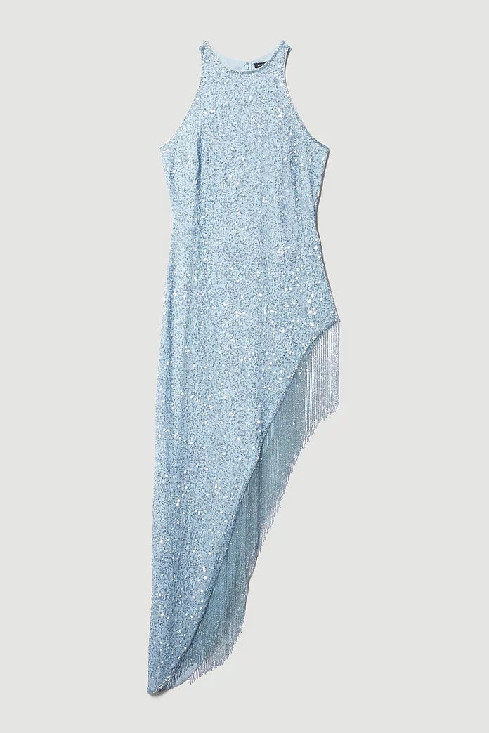 Asymmetric Hem Fringe Halter Midi Dress