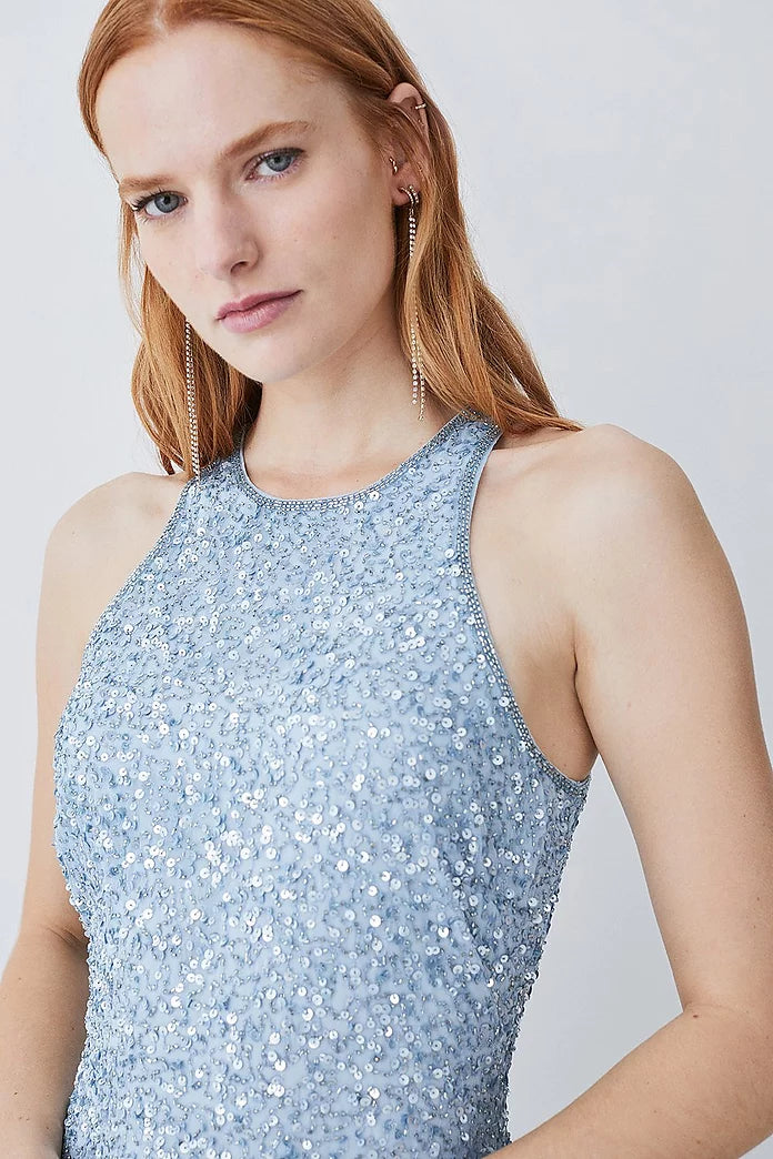 Asymmetric Hem Fringe Halter Midi Dress