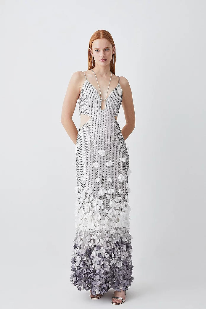 Crystal Applique Deep V Woven Maxi Dress