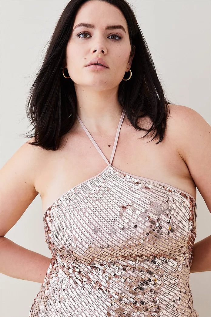 Plus Size Liquid Sequin Woven Halter Dress