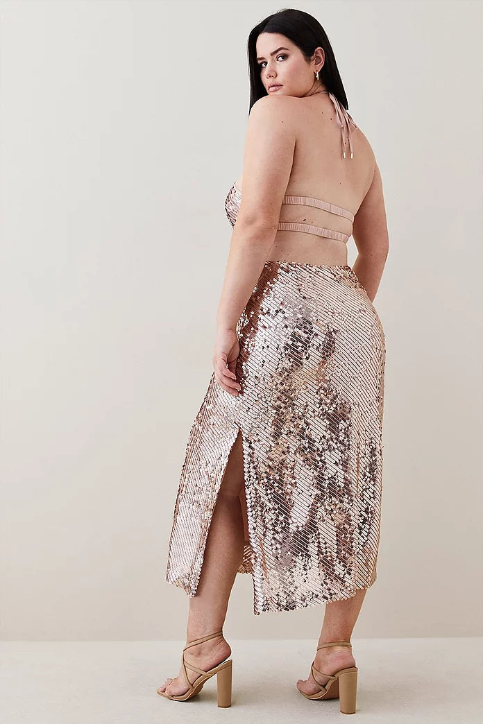 Plus Size Liquid Sequin Woven Halter Dress