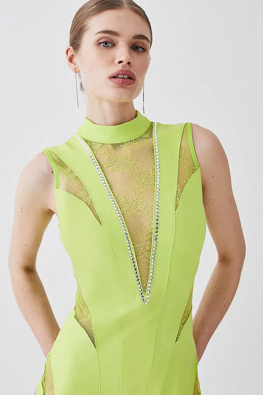 Lace Front Diamante Detail Maxi Dress