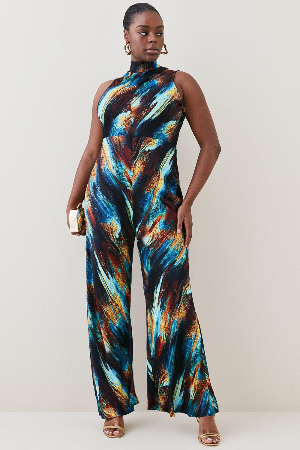 Plus Size Marble Viscose Satin High Neck Jumpsuit