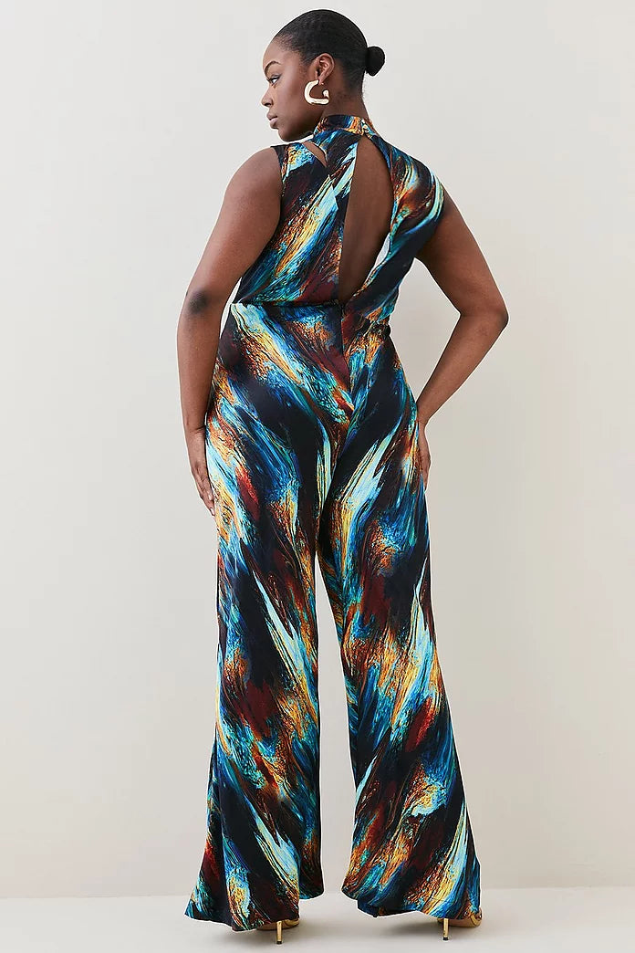 Plus Size Marble Viscose Satin High Neck Jumpsuit