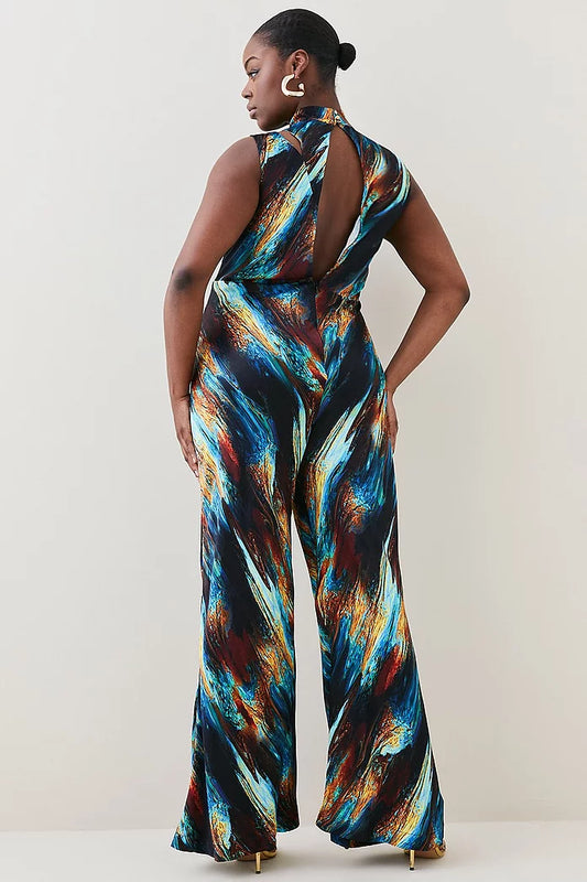 Plus Size Marble Viscose Satin High Neck Jumpsuit
