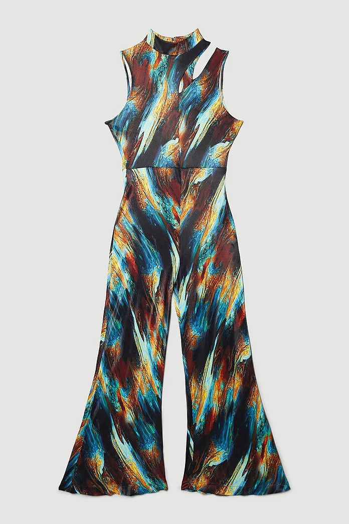 Plus Size Marble Viscose Satin High Neck Jumpsuit