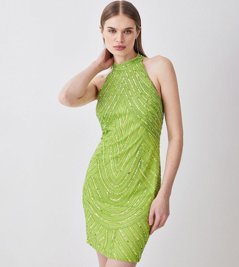 Crystal Embellished Halter Neck Woven Mini Dress