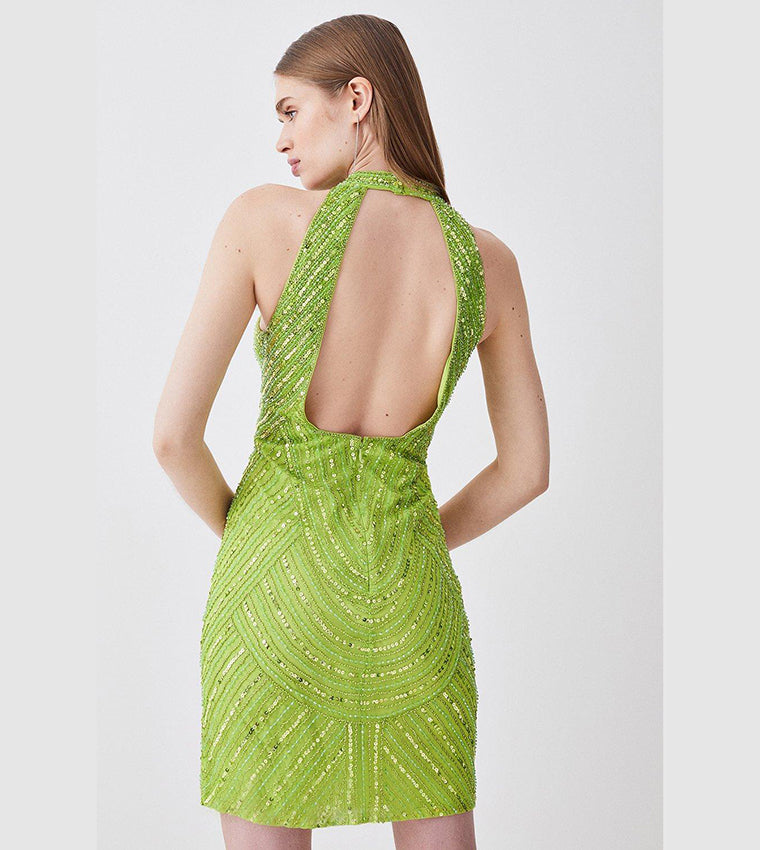 Crystal Embellished Halter Neck Woven Mini Dress
