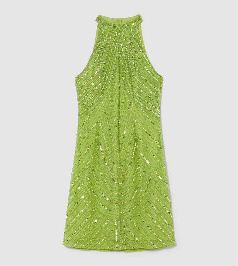 Crystal Embellished Halter Neck Woven Mini Dress