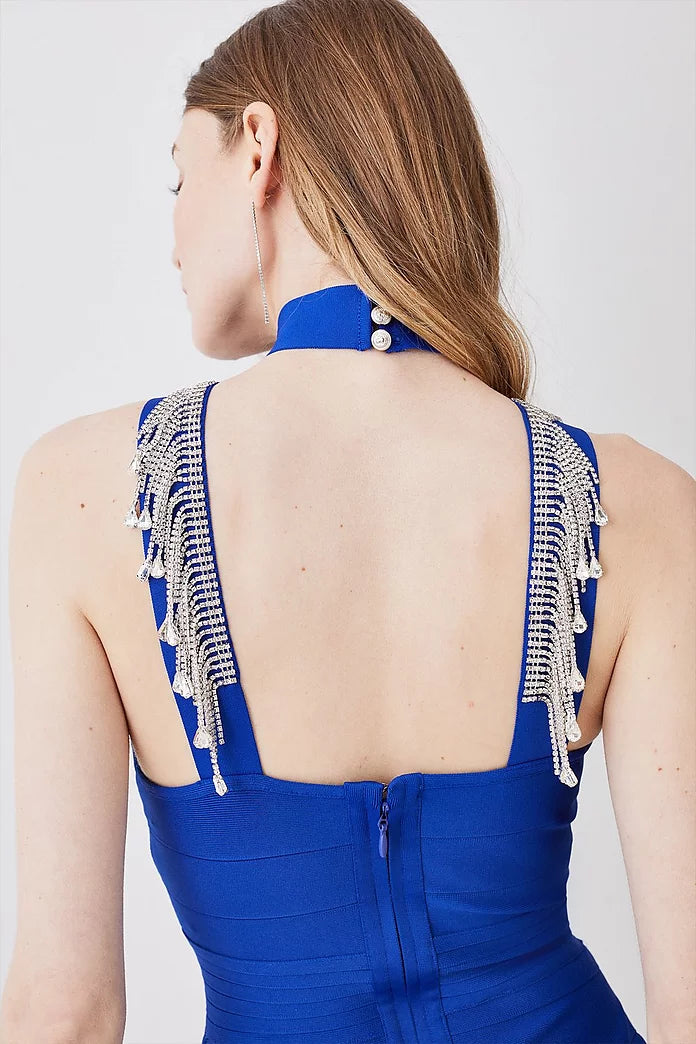 Diamante Trim Halter Bandage Mini Dress