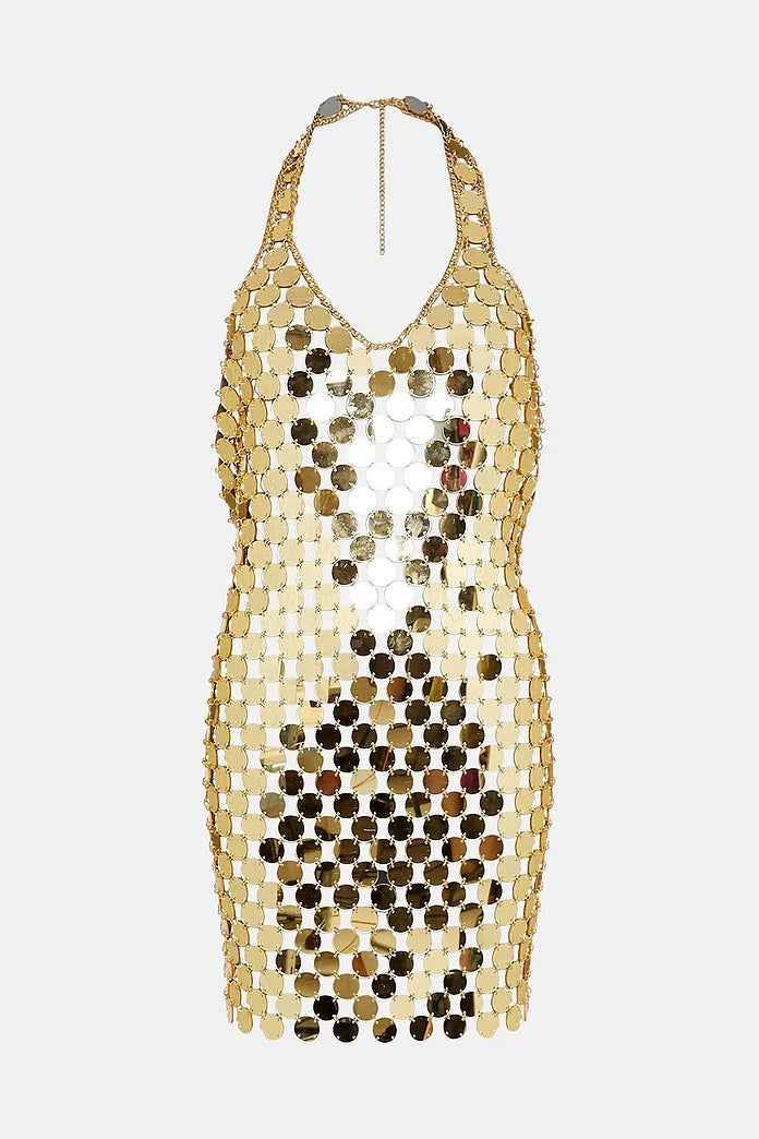 Mirrored Disc Chain Halter Mini Dress