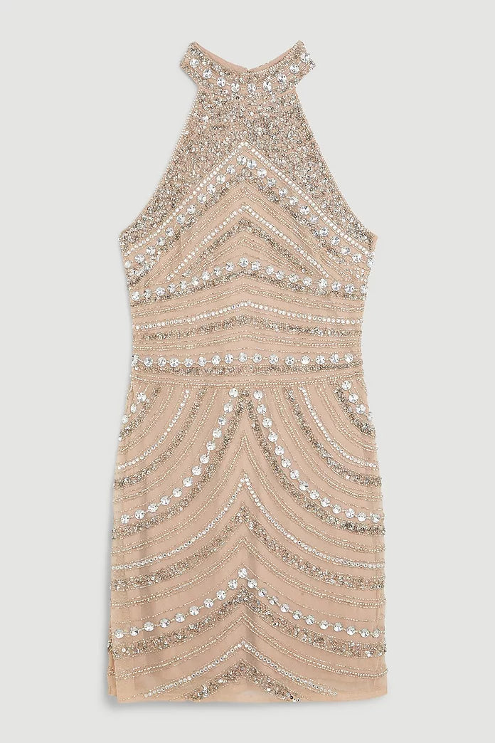 Tall Embellished Beaded Fringe Halter Woven Mini Dress