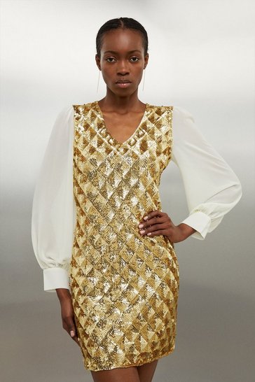 Viscose Blend Embellished Sheer Sleeve Knit Dress