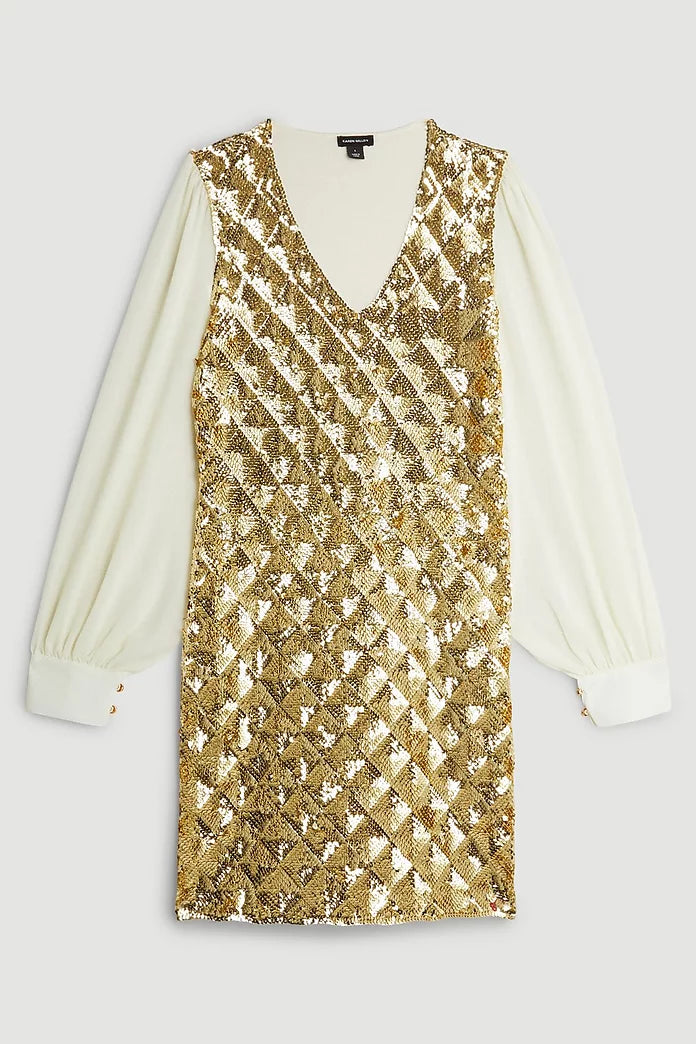 Viscose Blend Embellished Sheer Sleeve Knit Dress