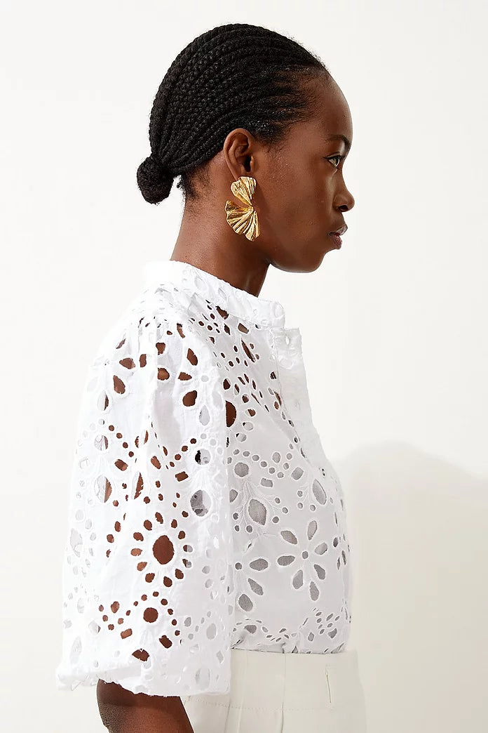 Petite Woven Broderie Short Sleeve Blouse