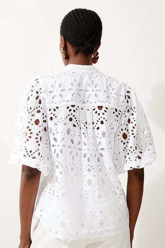 Petite Woven Broderie Short Sleeve Blouse