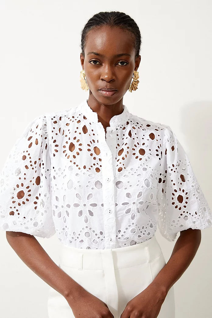 Petite Woven Broderie Short Sleeve Blouse