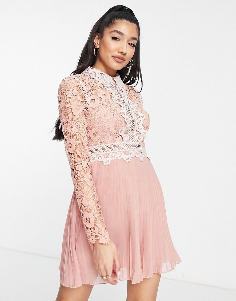DESIGN Lace Mini Dress With Collar Detail And Pleated Skirt