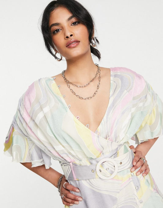 DESIGN Mini Dress With Rouleaux Details And Belt In Burnout Pastel Swirl Fabric