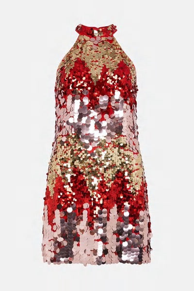 Petite Disc Sequin Halter Woven Mini Dress