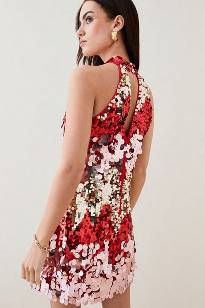 Petite Disc Sequin Halter Woven Mini Dress
