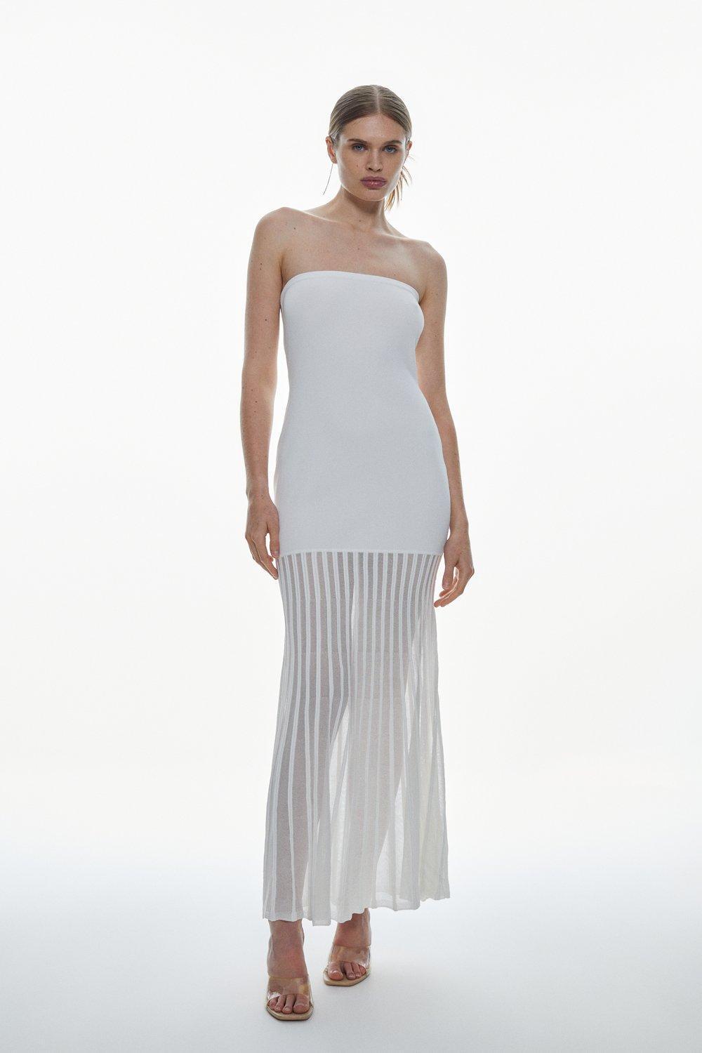 Viscose Blend Sheer Knit Bandeau Pleated Skirt Maxi Dress – Levels Glam