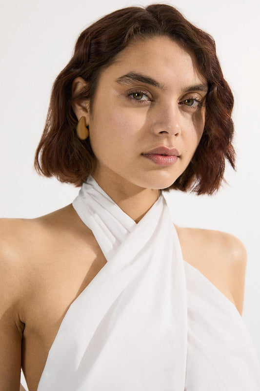 Cotton Poplin Cross Front Halter Neck Blouse With Bow Detail