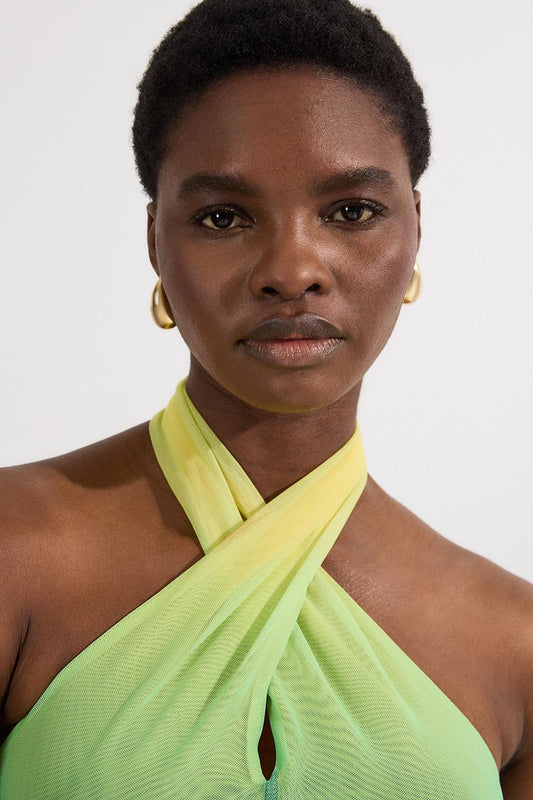 Sunset Ombre Mesh Cross Halter Jersey Bodysuit