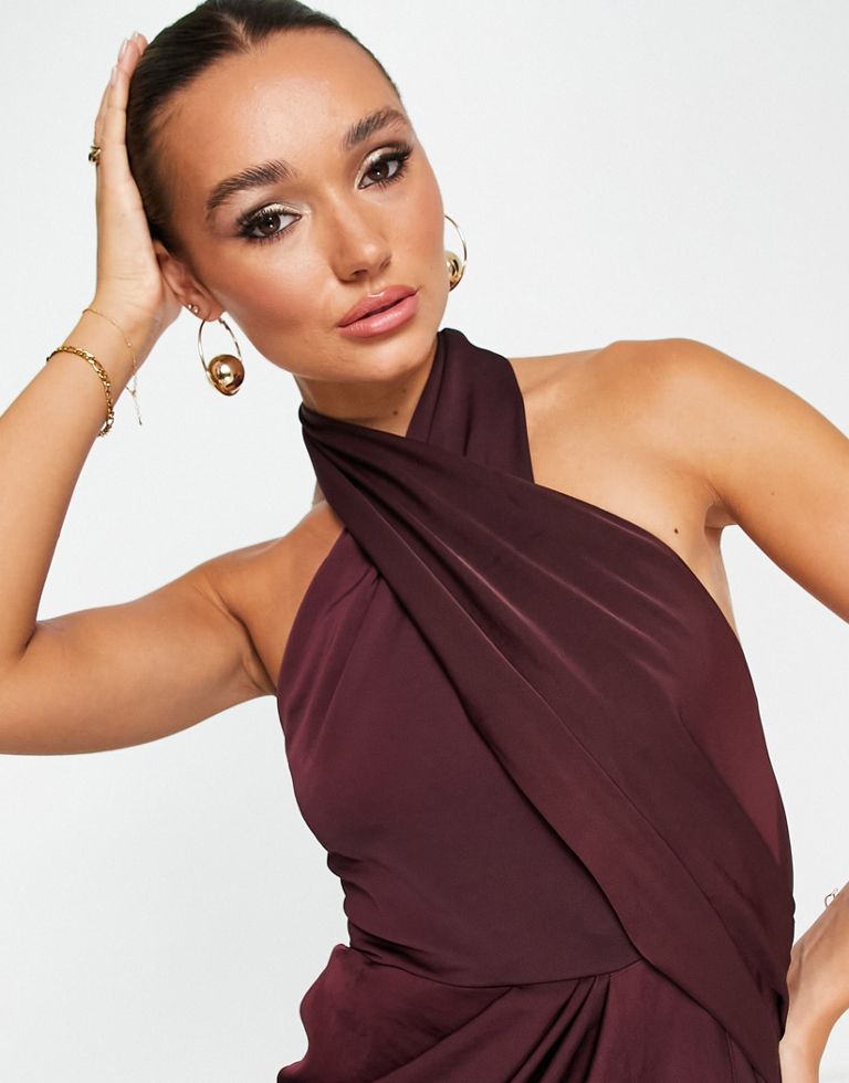 Satin Wrap Neck Drape Mini Dress In Soft Washed Twill
