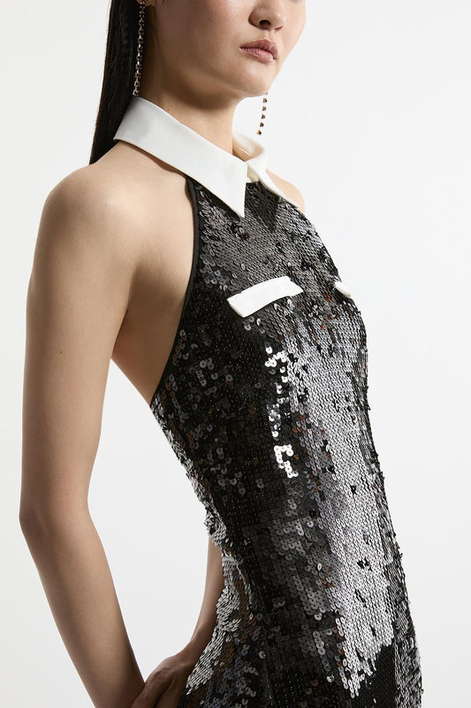 Sequin And Viscose Satin Collar Detail Mini Dress