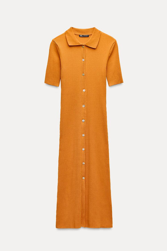 Ribbed Polo Shirt Dress With Buttons