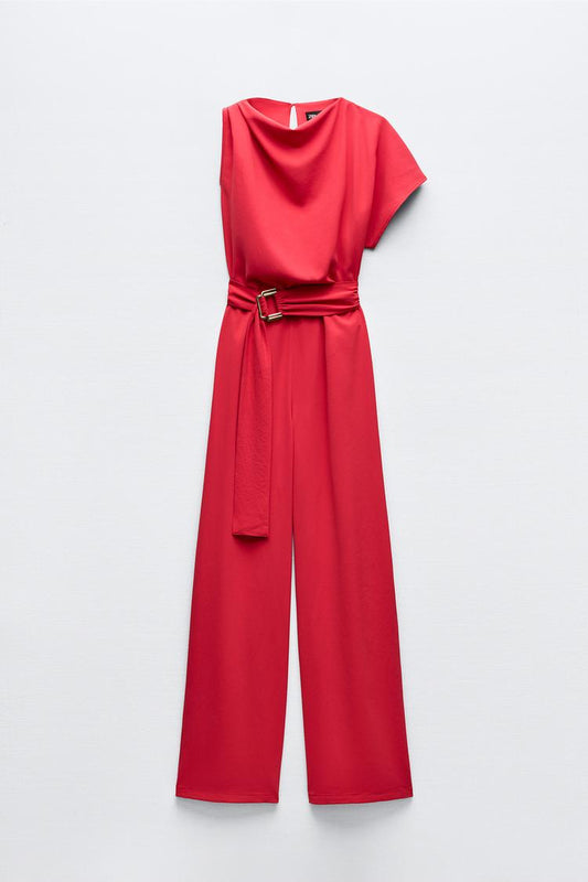 Asymmetrical Crepe Jumpsuit with Buckle