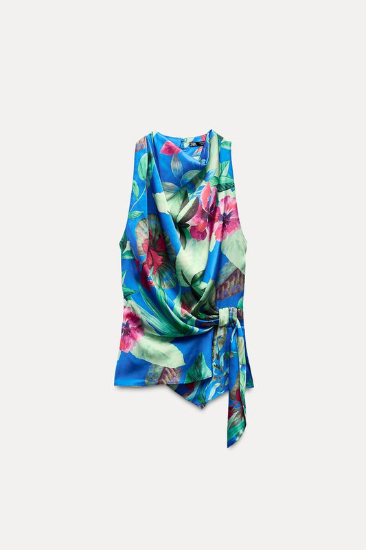 Satin Tropical Print Top