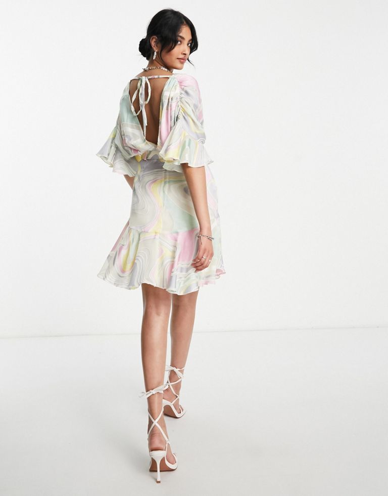DESIGN Mini Dress With Rouleaux Details And Belt In Burnout Pastel Swirl Fabric
