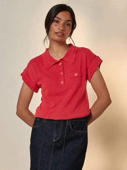 Linen Short Sleeve Polo Neck Top