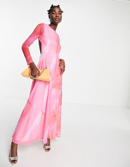Long Sleeve Maxi Dress In Pink And Red Watercolour Mix