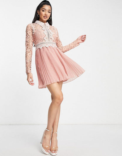 DESIGN Lace Mini Dress With Collar Detail And Pleated Skirt