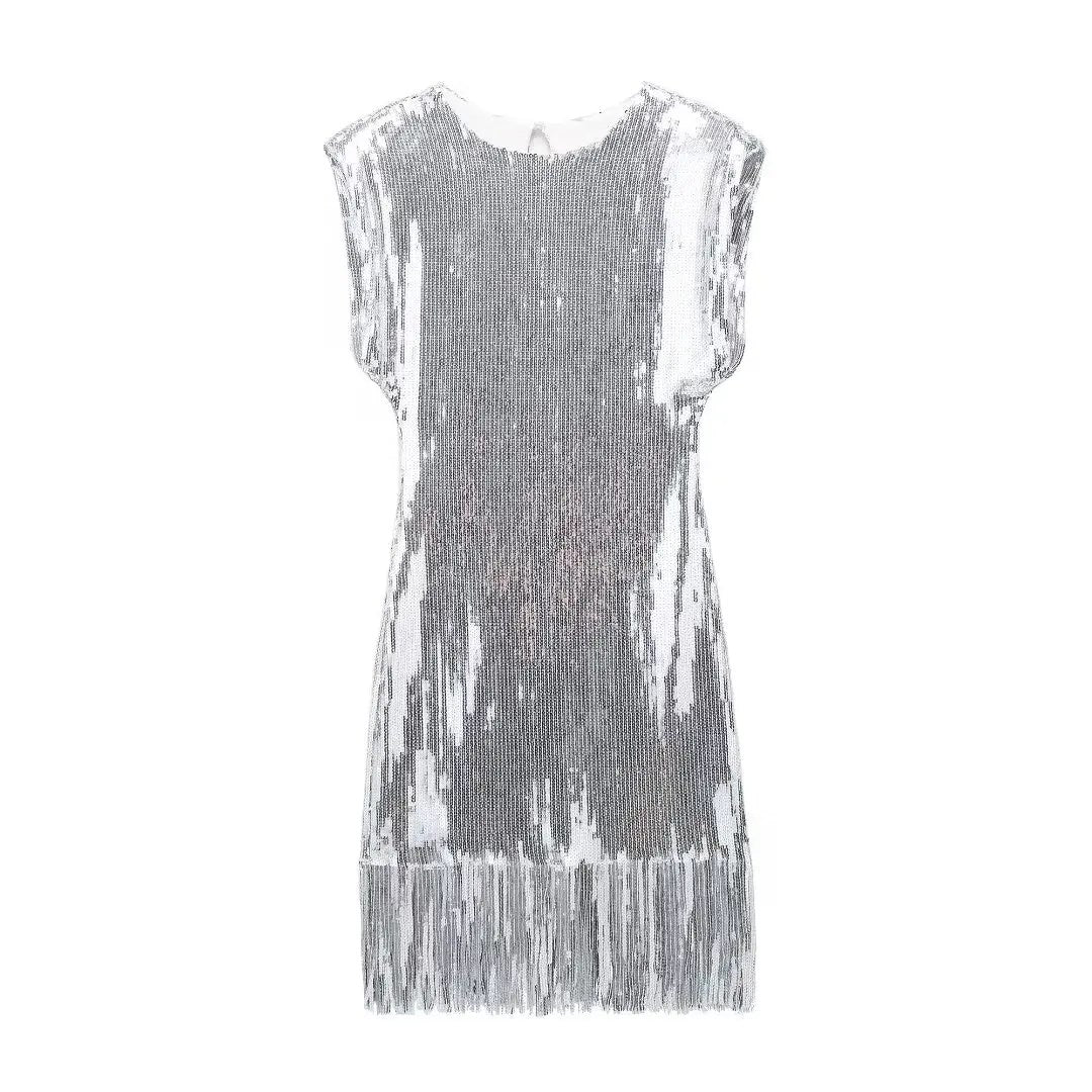 Sequinned Mini Dress with Fringing