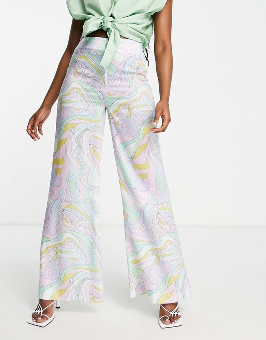 DESIGN Satin Clean Flare Trouser In Paisley Print