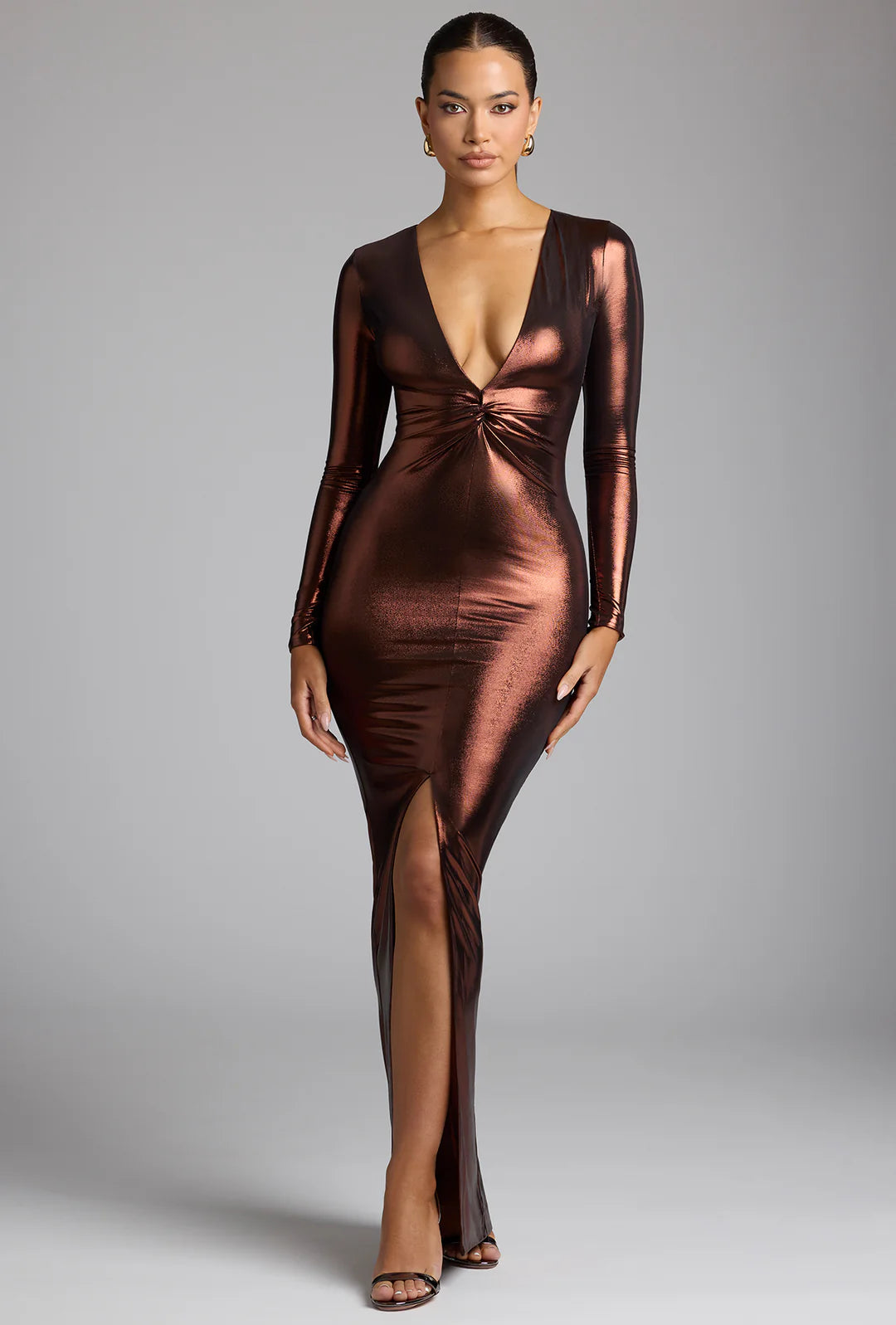 Long Sleeve Metallic Jersey Evening Gown