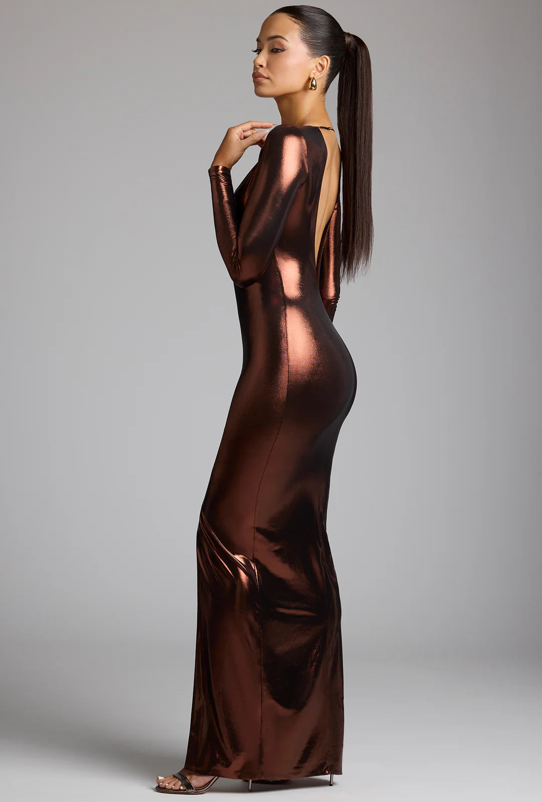 Long Sleeve Metallic Jersey Evening Gown