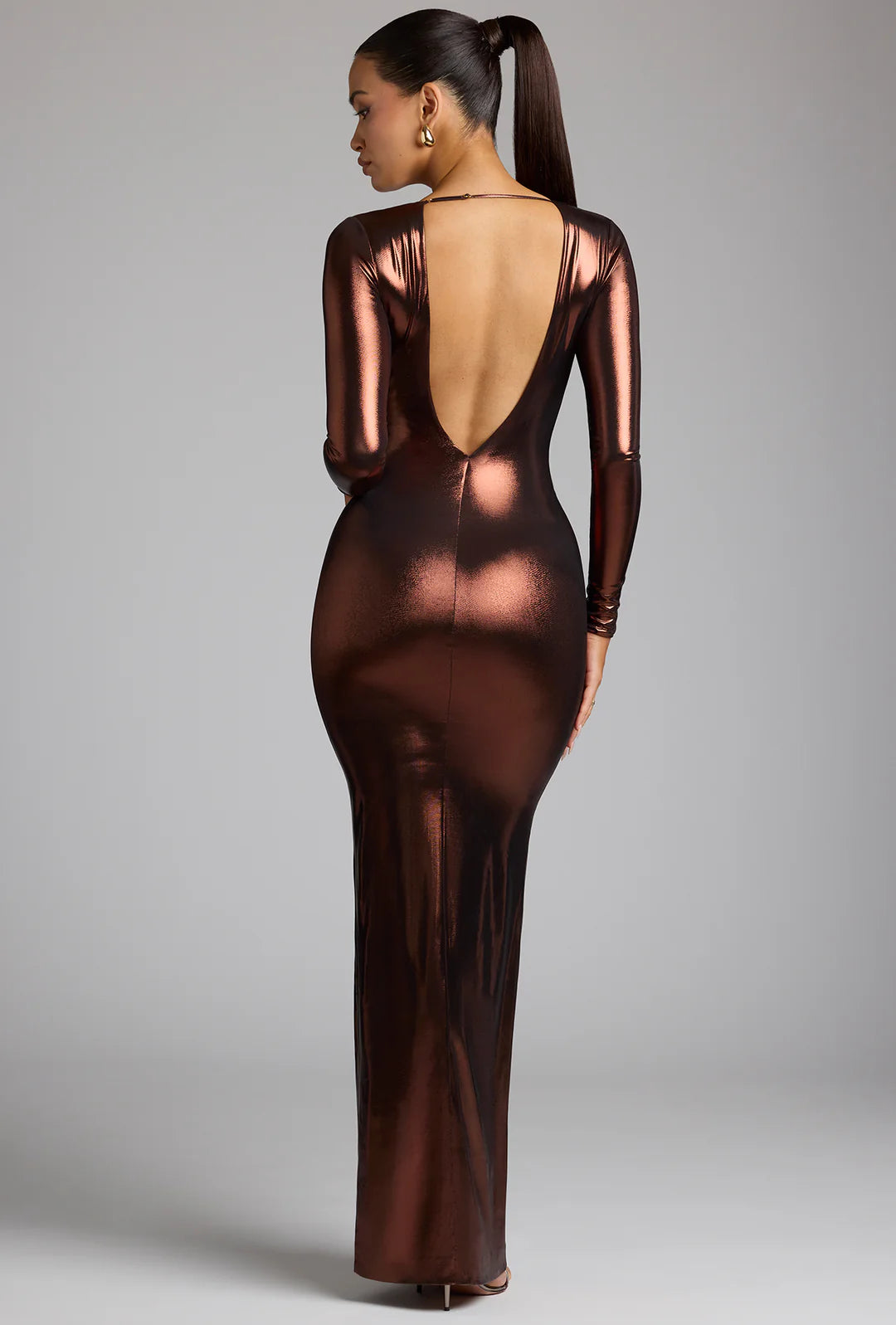 Long Sleeve Metallic Jersey Evening Gown